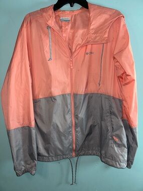 Columbia Coral and Gray Colorblock Hooded Windbreaker